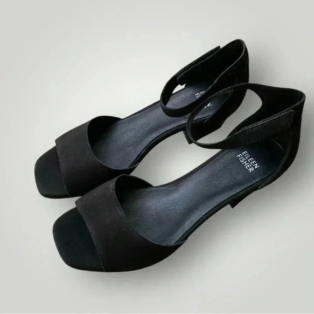 EILEEN FISHER Viva Ankle Strap Sandal Nubuk Black Sz 9.5 - Picture 3 of 7